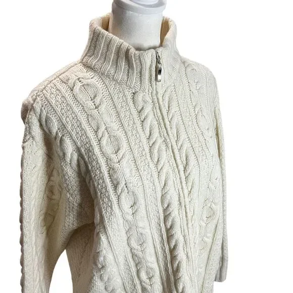 Inis Crafts Ireland Merino Wool Fisherman Cable Knit Zip Sweater Cream Small - Picture 3 of 7
